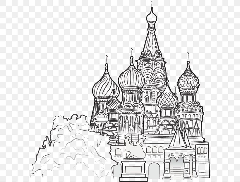 Grand Kremlin Palace Saint Basils Cathedral Spasskaya Tower Moscow Kremlin Clip Art, PNG, 616x621px, Grand Kremlin Palace, Artwork, Black And White, Drawing, Facade Download Free