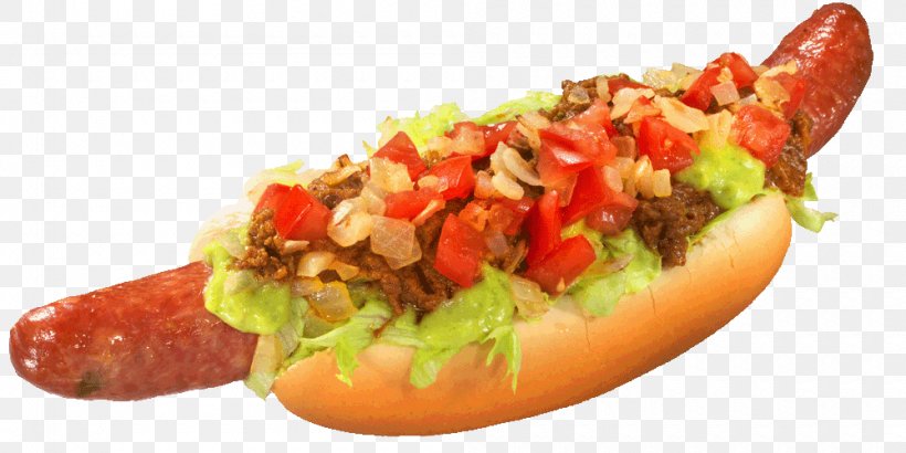 Chicago-style Hot Dog Pink's Hot Dogs Chili Dog, PNG, 1000x500px, Chicagostyle Hot Dog, American Cuisine, American Food, Appetizer, Bacon Download Free