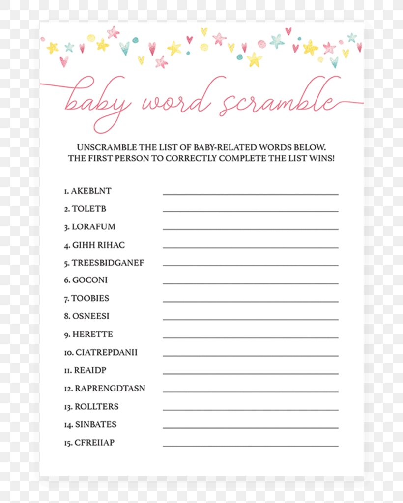 Paper Game Oriental Trading Company Baby Shower Word Scramble Scrabble, PNG, 819x1024px, Paper, Baby Shower, Form, Game, Infant Download Free