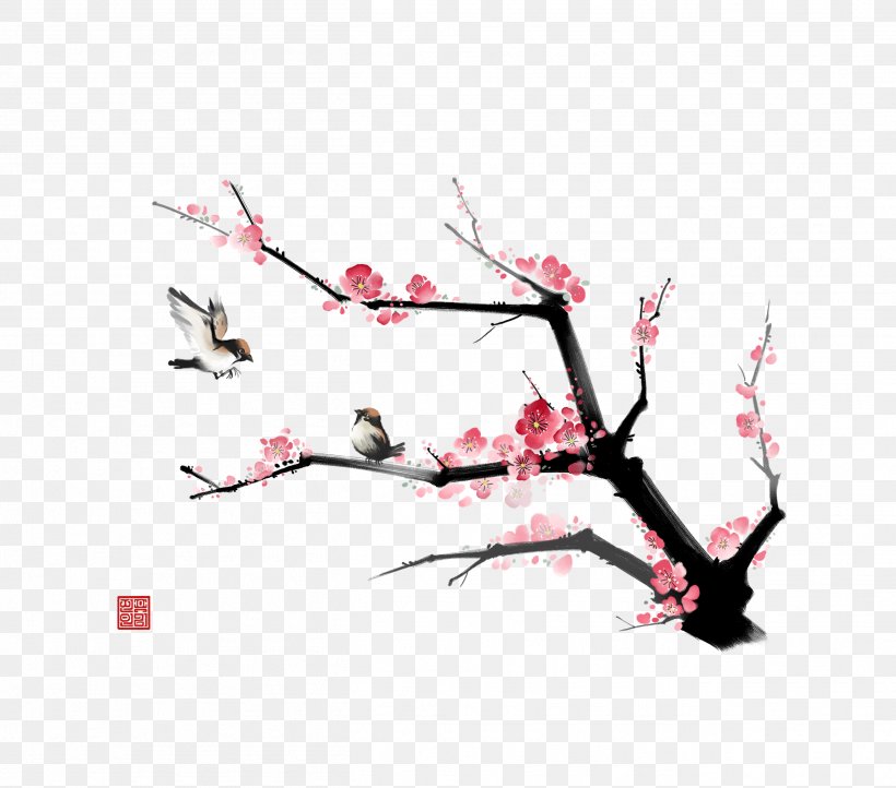 Bird Ink Wash Painting Chinese Painting, PNG, 2613x2301px, Bird, Art, Birdandflower Painting, Branch, Cherry Blossom Download Free