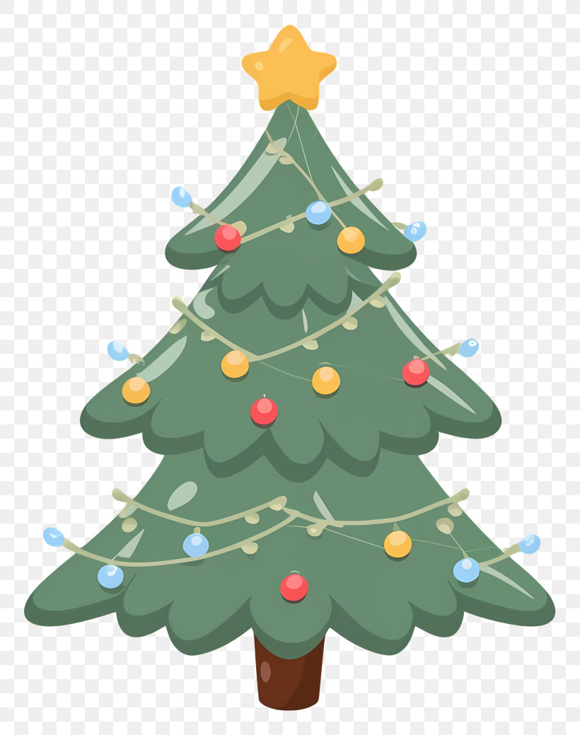 Green Christmas Tree - Decorated Christmas Tree With Star And Lights PNG