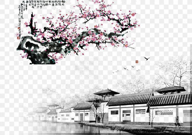 Plum Blossom Download Ink Wash Painting, PNG, 3154x2222px, Plum Blossom, Architecture, Black And White, Blossom, Cherry Blossom Download Free