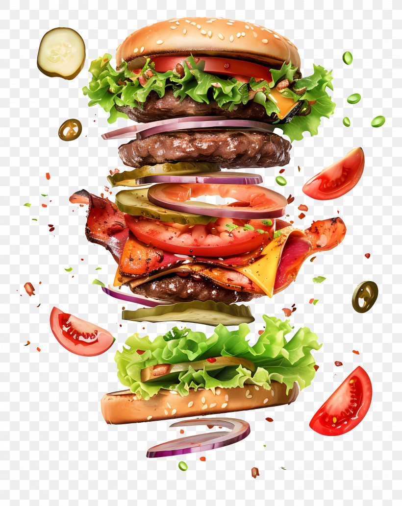 Floating Burger - Delicious Stacked Burger With Ingredients PNG