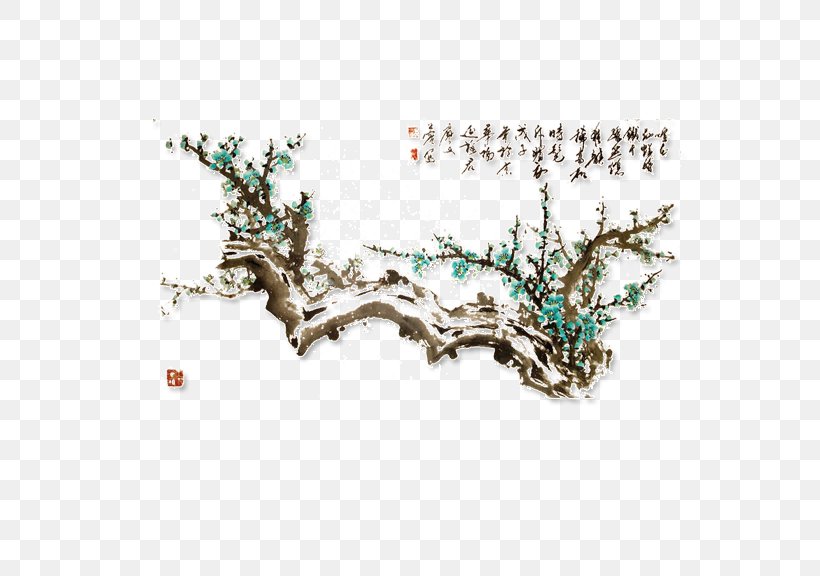 Green Ink Wash Painting Blue Plum Blossom, PNG, 576x576px, Ink, Branch, Chinese Painting, Drawing, Ink Brush Download Free