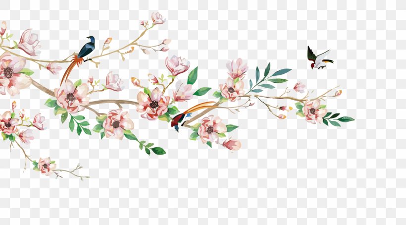 Euclidean Vector Flower Watercolor Painting Illustration, PNG, 1500x832px, Bird, Blossom, Branch, Cherry Blossom, Computer Graphics Download Free
