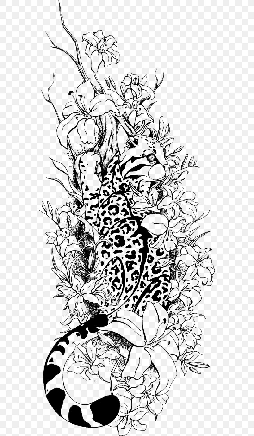 Ocelot Tattoo Drawing Line Art Coloring Book, PNG, 568x1407px, Watercolor, Cartoon, Flower, Frame, Heart Download Free