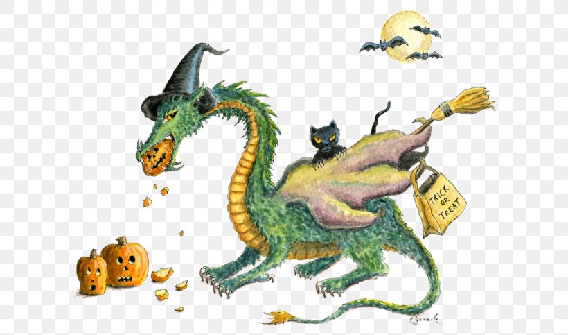 Dragon Halloween Trick-or-treating Illustration Holiday, PNG, 640x483px, Dragon, Animal Figure, Art, Cat, Christmas Day Download Free