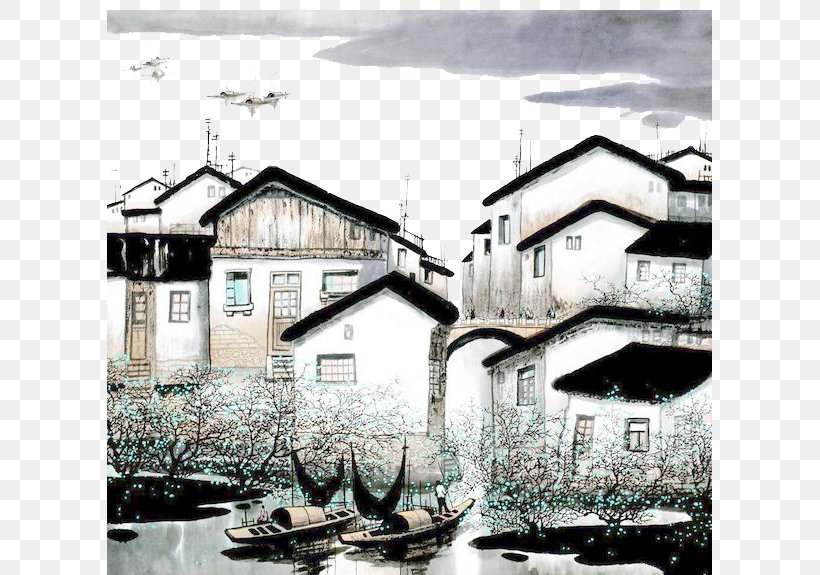 Hand Painted Jiangnan Water Village, PNG, 605x575px, Watercolor, Cartoon, Flower, Frame, Heart Download Free