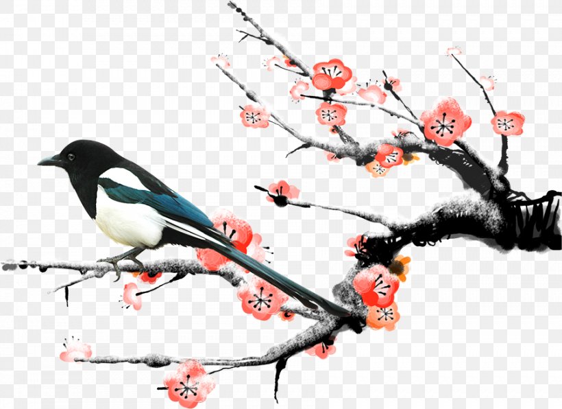 Eurasian Magpie Bird Plum Blossom Papercutting, PNG, 902x656px, Eurasian Magpie, Beak, Bird, Birdandflower Painting, Branch Download Free