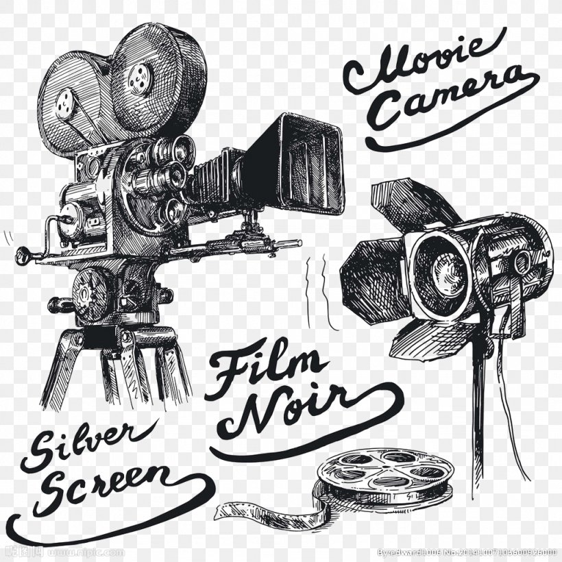 Photographic Film Movie Camera Drawing Cinema, PNG, 1024x1024px, Photographic Film, Black And White, Camera, Camera Accessory, Cinema Download Free