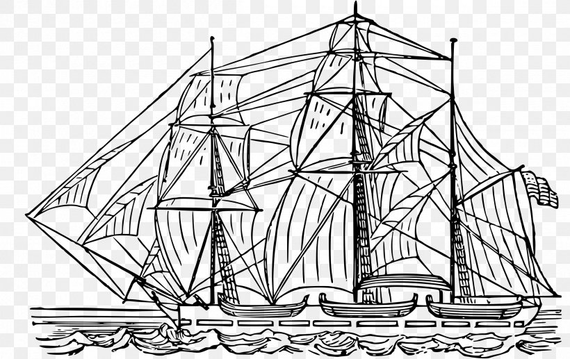 Brigantine Sailing Ship Line Art Clip Art, PNG, 2400x1516px, Brigantine, Artwork, Barque, Black And White, Boat Download Free