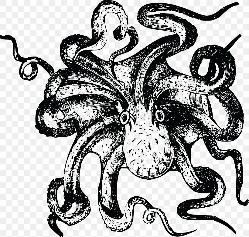 Octopus Sea Monster Drawing Clip Art, PNG, 4000x3816px, Octopus, Art, Artwork, Black And White, Cephalopod Download Free