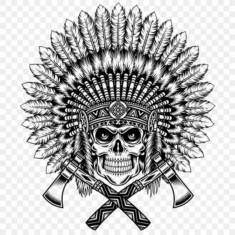 T-shirt War Bonnet Indigenous Peoples Of The Americas Skull Native Americans In The United States, PNG, 1000x1000px, Tshirt, Black And White, Bone, Clothing, Drawing Download Free