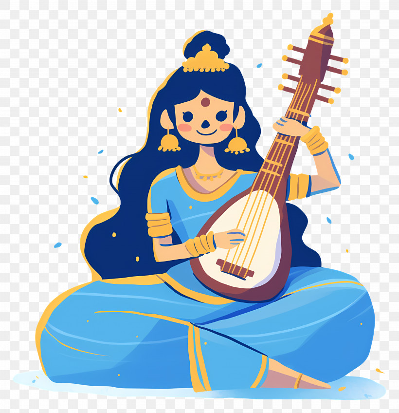 Saraswati - Woman Playing Veena In Cartoon Style PNG