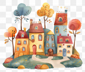 Countryside Houses - Vibrant Cartoon Village With Whimsical Houses PNG