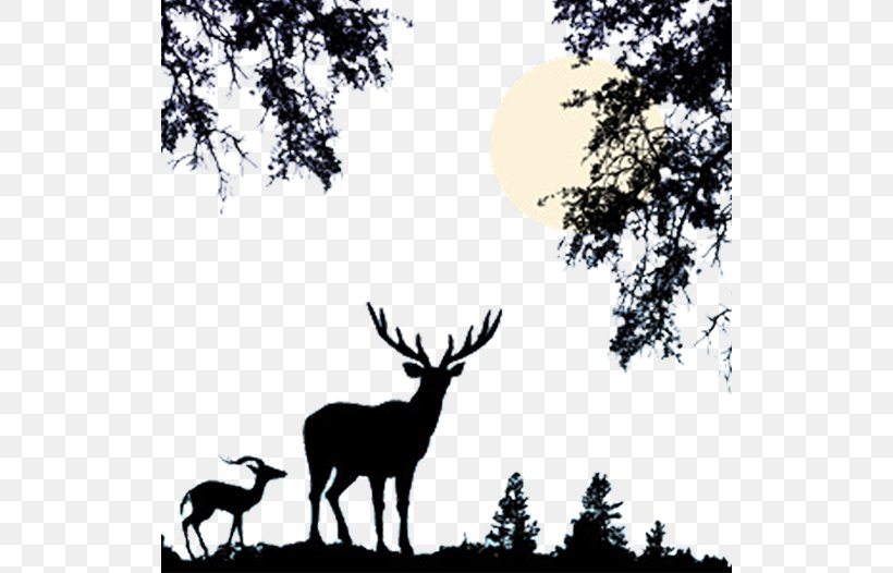 Deer Nature Wildlife Clip Art, PNG, 524x526px, Deer, Antler, Black And White, Branch, Drawing Download Free