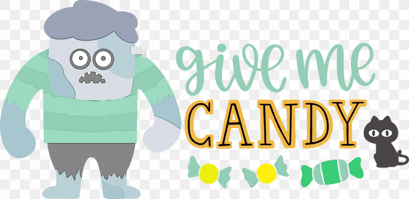 Logo Cartoon Meter Teal Happiness, PNG, 3000x1463px, Give Me Candy, Behavior, Cartoon, Halloween, Happiness Download Free