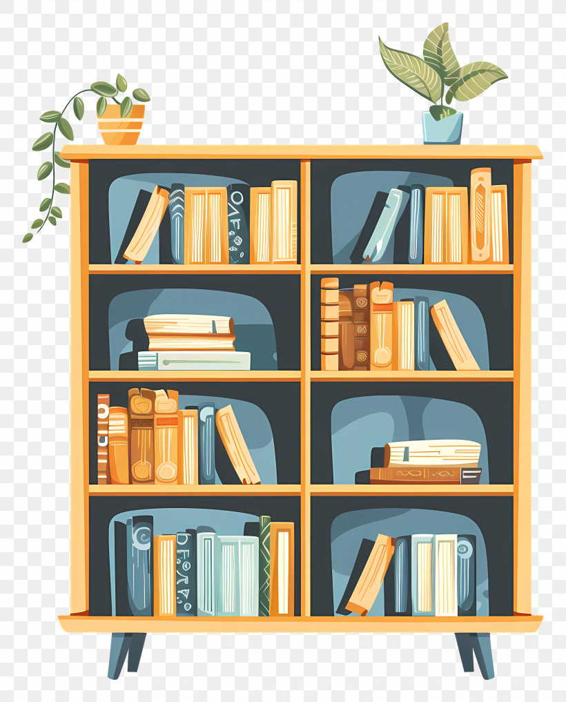 Bookcase - Bookshelf With Books And Indoor Plants For Home Interior PNG