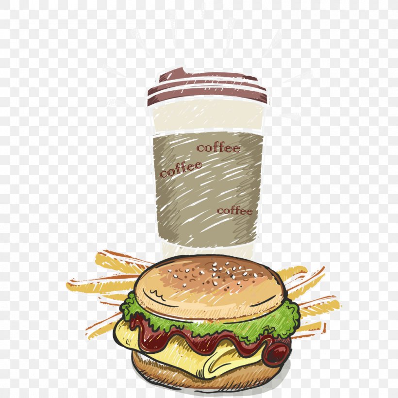 Hamburger Coffee French Fries Fast Food Cafe, PNG, 1000x1000px, Hamburger, Cafe, Cheeseburger, Coffee, Fast Food Download Free