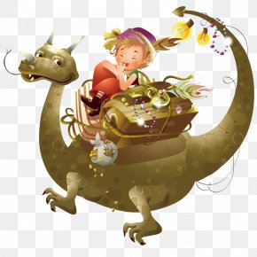 Dinosaur Carrying Children - Photography Landscape Drawing Illustration PNG