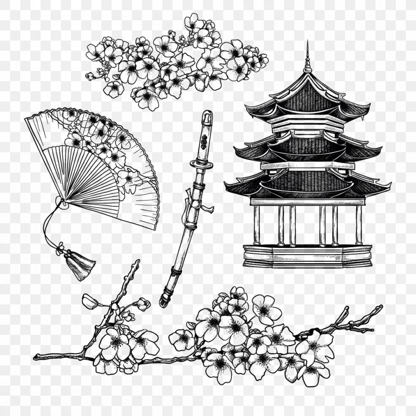 Japan Temple Kuil Buddha Di Jepang Euclidean Vector Icon, PNG, 1000x1000px, Japan, Black And White, Body Jewelry, Culture, Culture Of Japan Download Free