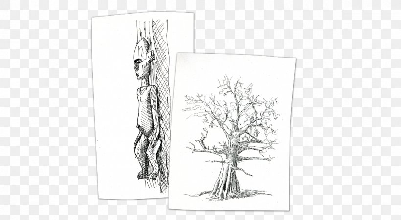 Tree Character White Fiction Font, PNG, 1200x660px, Tree, Animated Cartoon, Artwork, Black And White, Character Download Free