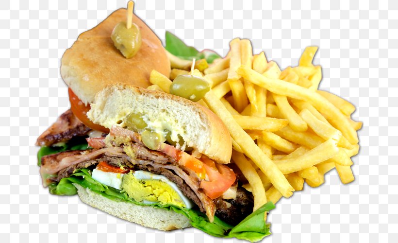 French Fries Chivito Cheeseburger Whopper Breakfast Sandwich, PNG, 679x500px, French Fries, American Food, Bacon, Bread, Breakfast Sandwich Download Free