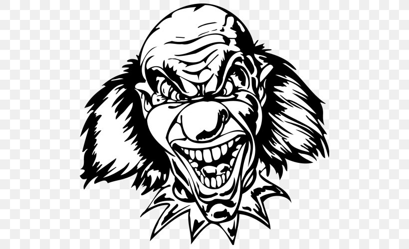 Black And White Scary, Freaky Clown Faces Coloring Book Drawing Clip Art, PNG, 500x500px, Watercolor, Cartoon, Flower, Frame, Heart Download Free