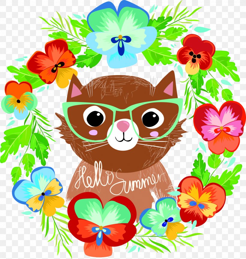 Cat Kitten Floral Design Illustration, PNG, 1769x1862px, Cat, Art, Artwork, Clip Art, Comics Download Free