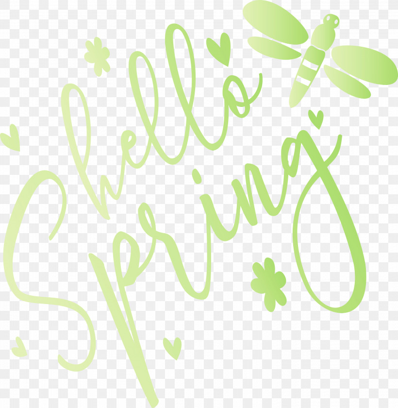Green Text Font Leaf Calligraphy, PNG, 2928x3000px, Hello Spring, Calligraphy, Green, Leaf, Logo Download Free