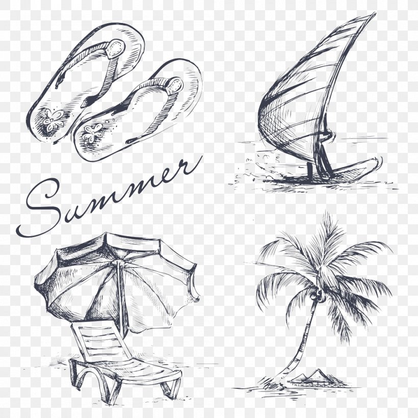 Drawing Summer Illustration, PNG, 1000x1000px, Drawing, Artwork, Automotive Design, Beach, Black And White Download Free