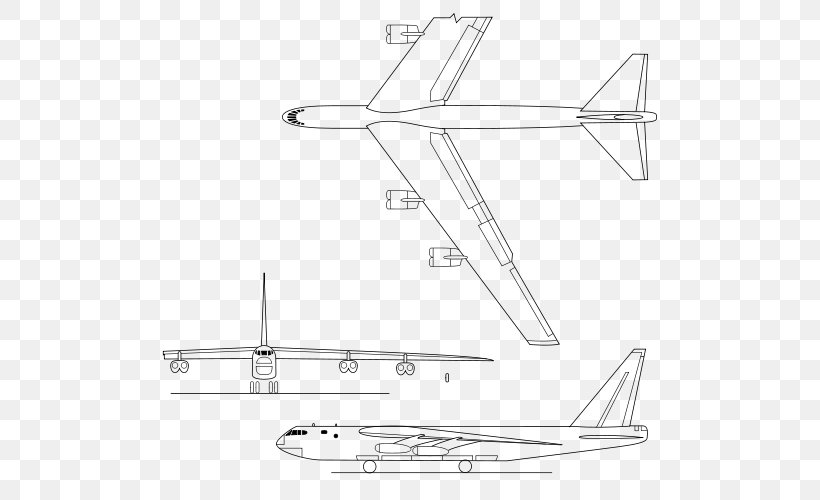 Boeing B-52 Stratofortress Convair B-36 Peacemaker Airplane Convair B-58 Hustler Fixed-wing Aircraft, PNG, 500x500px, Boeing B52 Stratofortress, Airplane, Area, Artwork, Black And White Download Free