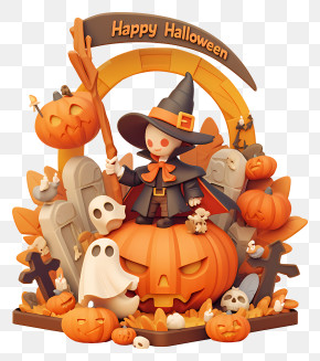 Halloween Reaper - Halloween Scene With Witch And Pumpkins PNG