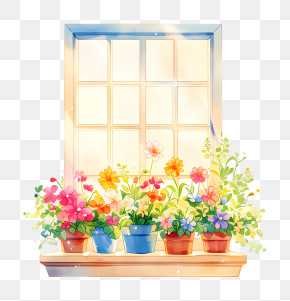 Sunny Windowsill With Potted Flowers PNG