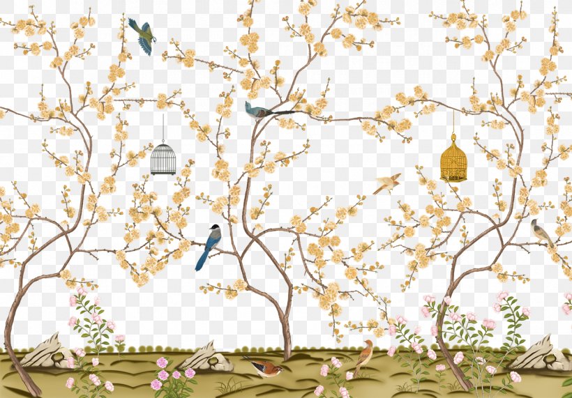 Bird Floral Design Wallpaper, PNG, 1276x890px, Bird, Blossom, Branch, Cage, Cherry Blossom Download Free