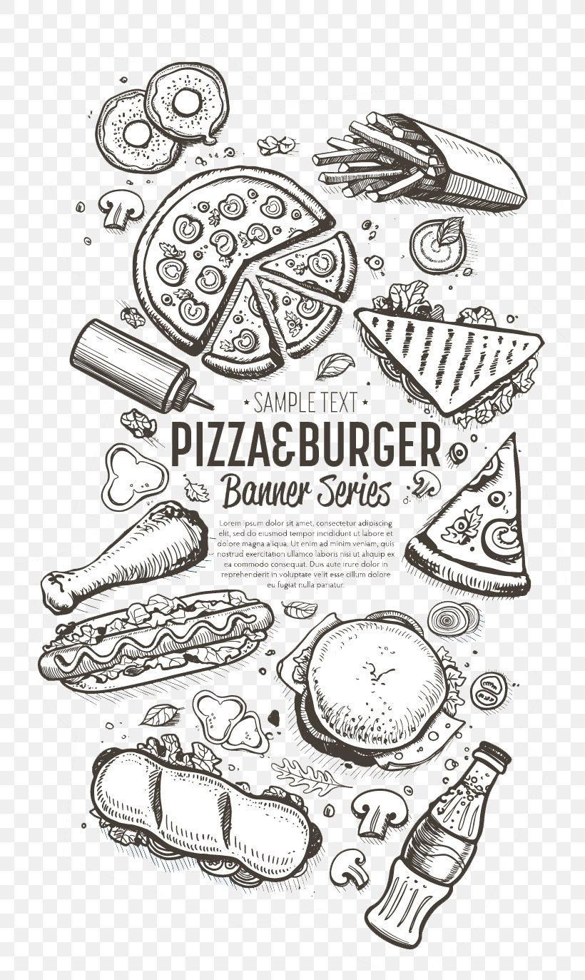 Hamburger Fast Food Fried Chicken Pizza, PNG, 800x1373px, Hamburger, Area, Art, Black And White, Cafe Download Free