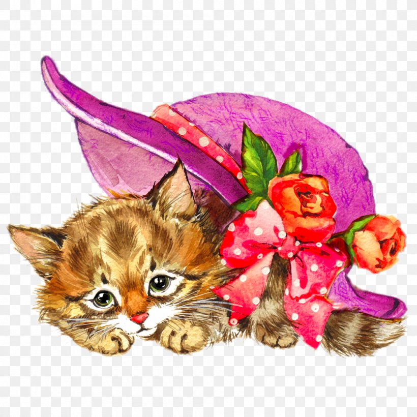 Kitten Cat Watercolour Flowers Watercolor Painting Illustration, PNG, 1000x1000px, Kitten, Art, Carnivoran, Cartoon, Cat Download Free