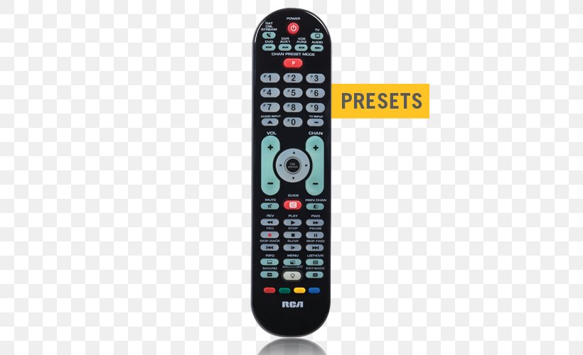 Universal Remote Remote Controls Television RCA RCRN04GR, PNG, 500x500px, Universal Remote, Digital Video Recorders, Electronic Device, Electronics, Electronics Accessory Download Free