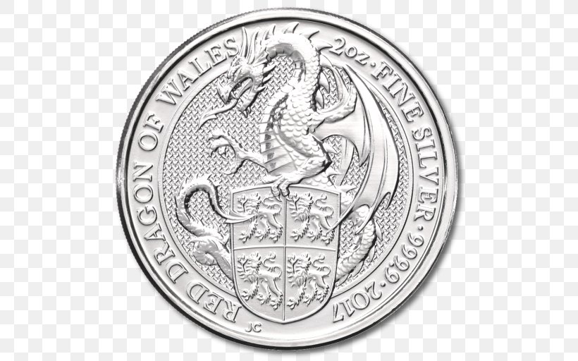 Silver Coin The Queen's Beasts Silver Coin Silver Dragon, PNG, 512x512px, Coin, Black And White, Coininvest, Com, Currency Download Free