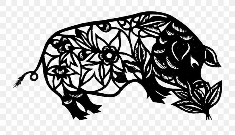 Domestic Pig Papercutting Black And White, PNG, 1000x577px, Domestic Pig, Art, Black And White, Drawing, Horse Like Mammal Download Free