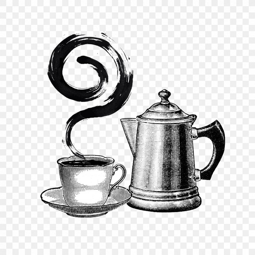 Coffee Cup Coffeemaker Teapot Clip Art, PNG, 1200x1200px, Coffee Cup, Black And White, Coffee, Coffeemaker, Cookware Download Free