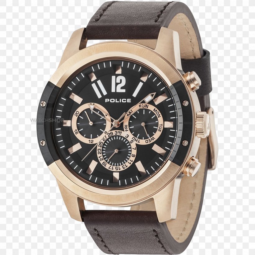 Police Watch Jewellery Chronograph Black Leather Strap, PNG, 2000x2000px, Police, Black Leather Strap, Brand, Brown, Chronograph Download Free