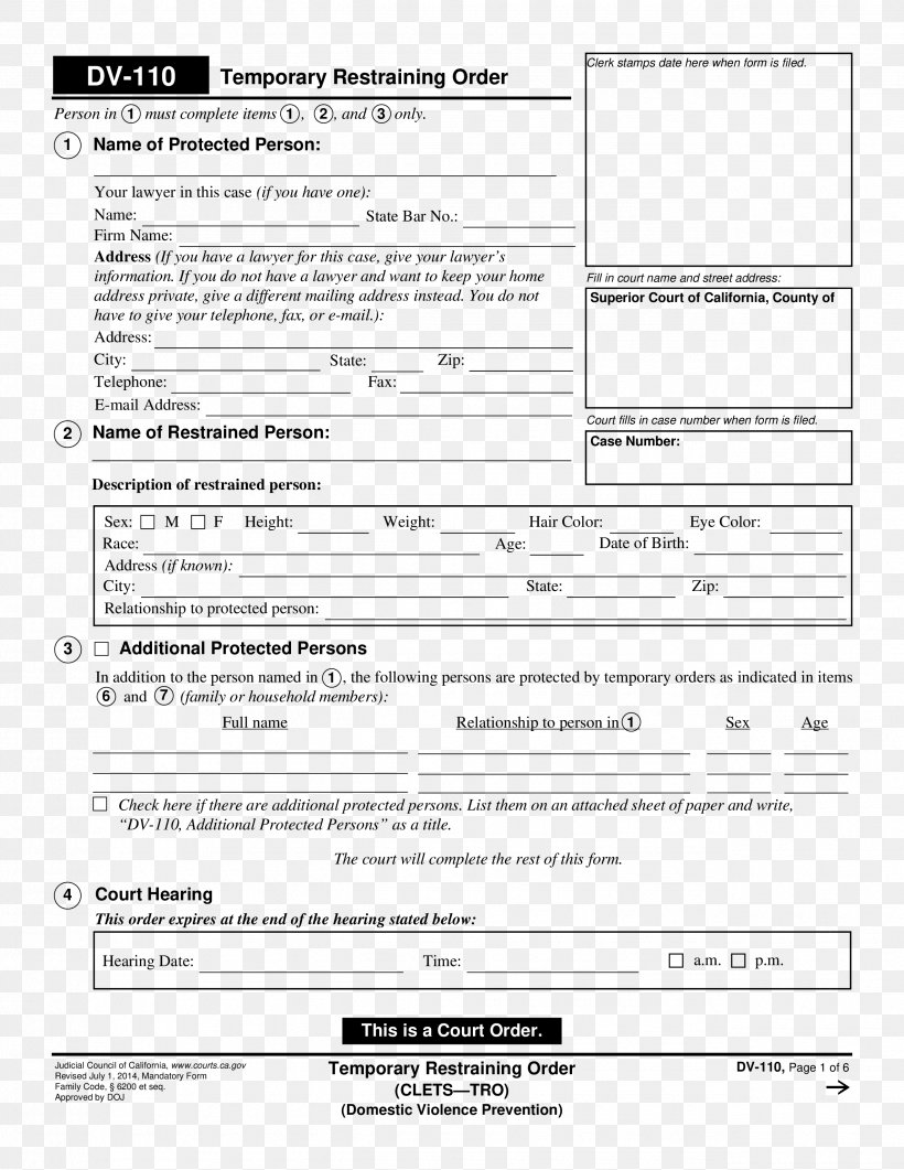 Restraining Order Template Form Domestic Violence California, PNG, 2550x3300px, Restraining Order, Area, Arrest, Ban, Black And White Download Free