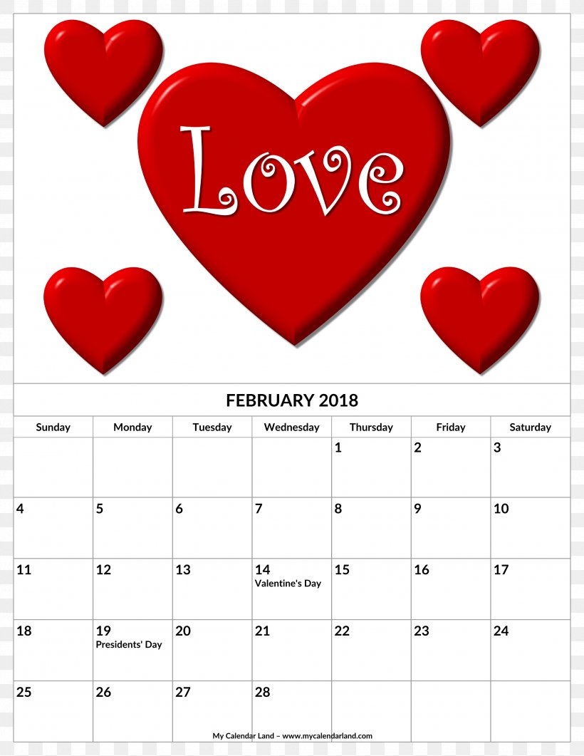 Calendar Valentine's Day February 0 Heart, PNG, 2550x3300px, 2018, Calendar, February, Heart, Love Download Free