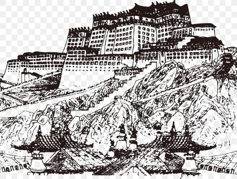 Potala Palace Tibet Hongshan Mountain, PNG, 1024x775px, Potala Palace, Black And White, Galleon, History, Monochrome Download Free