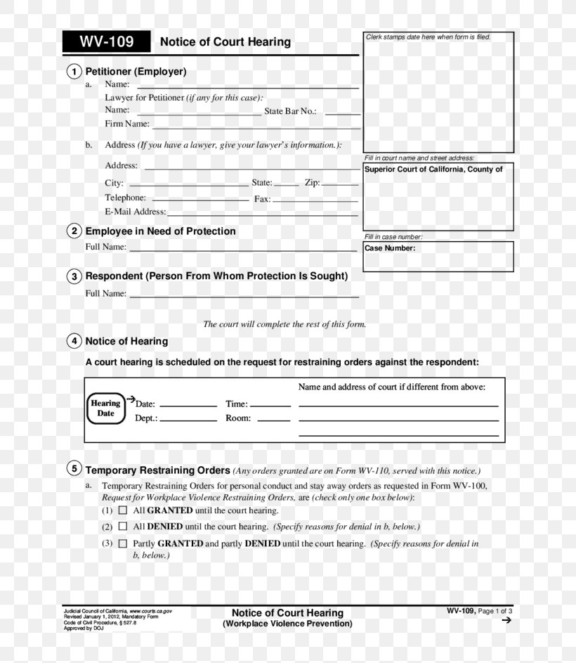 Civil Harassment Restraining Order Form Court Template PNG 728x943px
