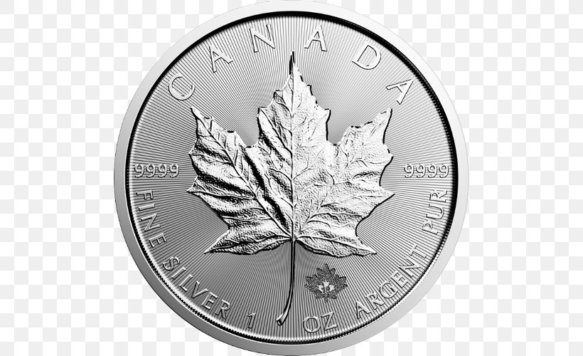 Canadian Silver Maple Leaf Canadian Gold Maple Leaf Silver Coin, PNG, 500x500px, Canadian Silver Maple Leaf, Black And White, Bullion, Bullion Coin, Canadian Gold Maple Leaf Download Free