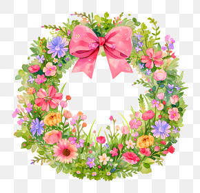 Spring Floral Wreath With Pink Bow PNG