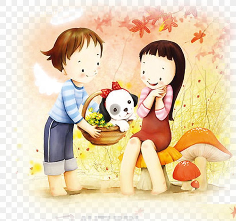 Puppy Cartoon Couple Wallpaper, PNG, 824x771px, Watercolor, Cartoon, Flower, Frame, Heart Download Free