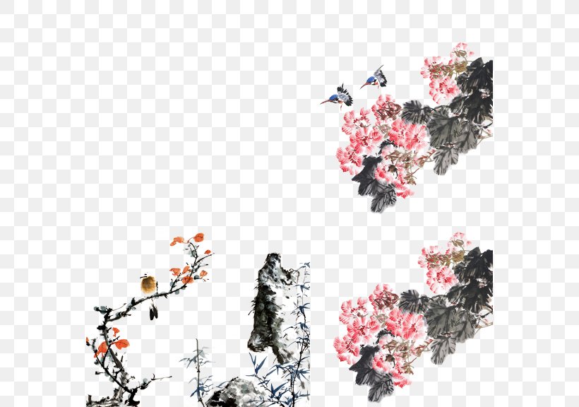 Bird-and-flower Painting Ink Wash Painting Shan Shui Gongbi Watercolor Painting, PNG, 576x576px, Birdandflower Painting, Blossom, Branch, Cherry Blossom, Chinese Painting Download Free